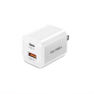 POLYWELL 30W 雙孔 PD 快充頭 USB-C USB-A GaN 氮化鎵迷你充電器 BSMI認證 寶利威爾, 白色, 1個
