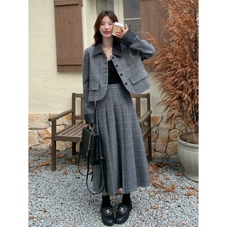 모직 정장 투피스 스커트 자켓 상하 세트 여성 가을 겨울 플리츠