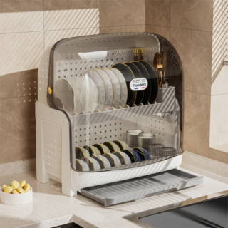 프란다스 주방 대용량 젖병 식기건조대 방충뚜껑 물빠짐 다용도 보관함, 화이트+투명, 1개