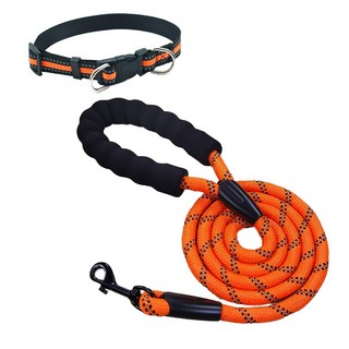 [애견 목줄 + 리드줄 세트] 고급 잠금 후크 고리 반려동물 애견 반려견 리드줄 목줄 세트 강아지 산책줄 중형견 대형견, 1세트, 오렌지(1.5m)