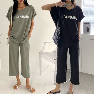 데일리룩 여성 오버핏 롤업 티셔츠 8부 와이드팬츠 트레이닝복 세트 홈웨어 셋업 롤업세트 투피스