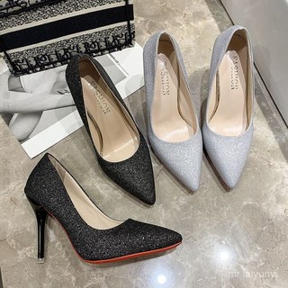 限時購 性感時尚新娘鞋伴娘鞋 大尺碼歐美氣質亮片淺口尖頭細跟性感高跟鞋7cm鞋跟 黑/銀2色 淺口顯瘦款 宴會婚禮鞋