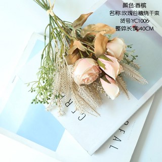 嘉義出貨 仿真花 假花 烤焦玫瑰乾燥花 婚慶INS風家居裝飾 人造玫瑰花束 手捧玫瑰花, 1個, 1枝香檳【2枝起發貨】