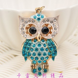 千雷文創精品 創意鑲鑽貓頭鷹鑰匙圈 優質合金包包掛飾 精緻小禮物, 藍色, 1個