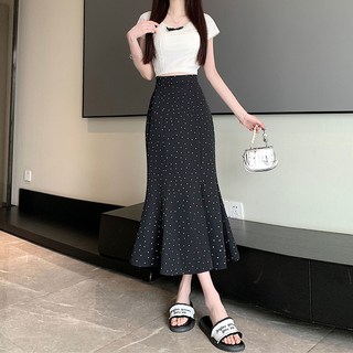 VVRR 여성 하이웨스트 도트 머메이드 플레어 슬릿 A라인 롱스커트 우아한 스타일 치마 A0061212