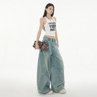 高腰寬鬆闊腿牛仔褲 寬版耐磨水洗堆堆長褲
