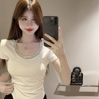 【Echo Chic】海边 名媛千金風 重工鑲鑽圓領短袖t恤女夏季新款純欲甜辣妹緊身小上衣高級感絕美