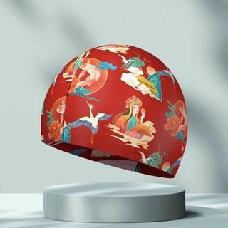 布帽泳帽成人男士女士學生大童高彈舒適印花不勒頭透氣通用游泳帽, 1個, 國潮紅色丨布帽【清倉】