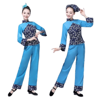 成人春季埰茶服套裝，女款村姑服/阿慶嫂演出服/中老年秧歌舞蹈服，民族風表演服飾