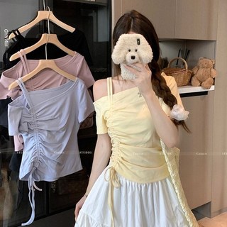 設計斜肩抽繩上衣短袖2025夏季新款露肩別緻辣妹顯瘦爆款T恤一字