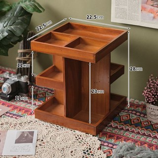 中式家居梳妝臺 法式復古多層旋轉收納盒 360度旋轉木質化妝品收納盒 桌面口紅護膚品收納架 居家收納 桌面收納 收納櫃, 做舊色木質旋轉柜 獨立紙盒, 1個