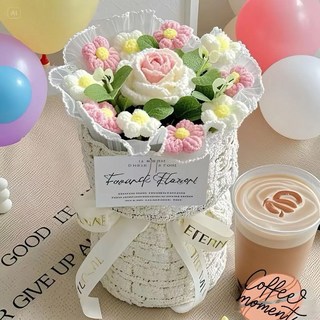 現貨成品 網紅小香風針織花束 畢業禮物畢業花束 向日葵花束 編織花毛線花 謝師宴 教師節禮物 教師節花束 生日禮物, 1個, 玫瑰花, Multi-color