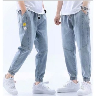 日系束脚牛仔褲 純色工裝褲 韓版九分休閒褲