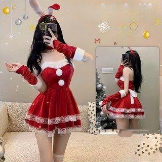 聖誕兔女郎裝扮套裝 派對角色扮演服裝 可愛性感節慶服飾 包含兔耳朵髮箍 聖誕連身裙兔尾巴 情趣聖誕裝
