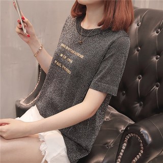 ROYALBELLE 여성 루즈핏 반짝이 포인트 얇은 반팔 티셔츠 빅사이즈 캐주얼 니트티 F0050210