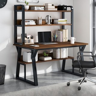 FONOW 컴퓨터책상 컴퓨터 책상 가정용 침실 간이 책장 일체형 책상, 오크 컬러