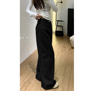 高腰寬鬆闊腿牛仔褲女，秋季顯高設計