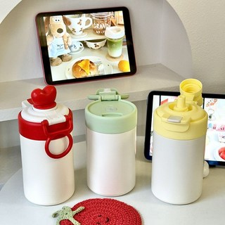 2025女生新款簡約小衆保溫杯學生雙飲卡通316不鏽鋼不撞款吸管杯, 黃綠愛心保溫杯500ml無圖案,+杯刷+吸管刷, 1個