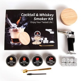위스키 훈연 스모크 칵테일 스모커 키트 훈제 연기 불향 위스키스모커 기본 얼음 세트 + 우드 케이스 1개, C 세트-훈제기+화기+도구+목재+술돌