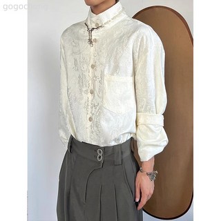 小眾復古高級感提花襯衫男春秋季新款潮牌寬鬆新中式立領長袖襯衣