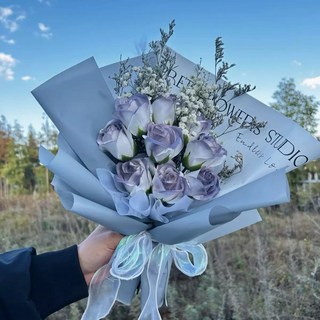 玫瑰香皂花乾燥永生花束，多色大束設計，情人節畢業生日送禮。, 大束 灰色包裝紫玫瑰