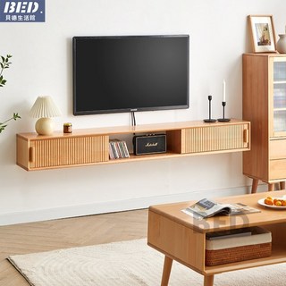 BED 懸掛電視櫃 - 實木懸空吊櫃 壁掛 現代簡約北歐風格 小戶型客廳適用, 胡桃色180CM格柵櫃門(進口櫸木),整裝