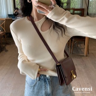 Cavensi 鏤空設計感內搭衣打底 長袖上衣 加大尺碼 打底衫 韓系性感素色 螺紋內搭