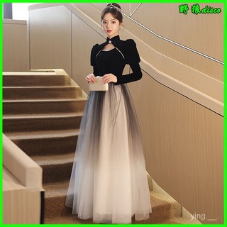 黑色晚禮服裙女 新款高端氣質藝考主持人年會連衣裙長袖高級感 蓬蓬裙收腰顯瘦洋裝長洋裝 婚禮洋裝伴娘禮服尾牙主持人, 黑色短袖款,XS