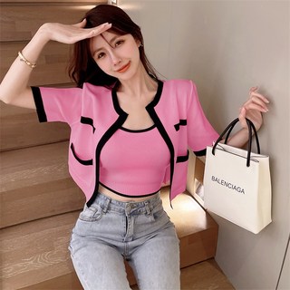 SISI【E22009】氣質名媛小香風針織套裝：撞色圓領短袖開衫外套+粗肩帶U領露腰背心