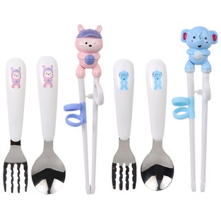 1+1 유아 수저 세트 케이스 포함 교정 젓가락 숟가락 포크 유아동 연습 용 귀여운 캐릭터 실리콘 링 아기 아동 어린이 식기, R99768I(토끼+코끼리, 1개