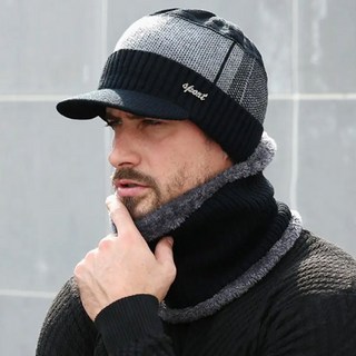 남성 겨울 방한 등산 골프 귀마개 챙이 있는 모자 넥워머 세트