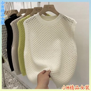鏤空針織背心 - 韓國東大門時尚素色圓領上衣