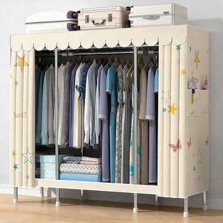 [시스슈] 조립식 3단 이동식 행거 시스템 강화 철제 옷장 - 대용량 하단 수납 & 먼지방지 커튼, 베이지색