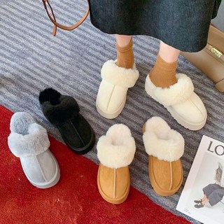 車線仿麂皮厚底絨毛拖鞋 厚底外出保暖兩用拖鞋