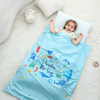 cchhaaww 幼兒園睡墊 兒童睡袋 加厚6公分 四件套 台灣製, 空氣棉藍白格海洋世界, 1套