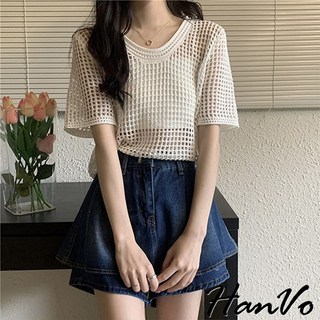 HanVo 朦朧透視渡假感漁網針織上衣 - 韓系百搭透視造型針織衫 - 韓國韓系女裝 A01-1450, 白色