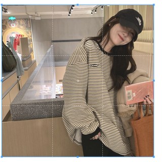 韓版條紋長袖衛衣 寬鬆中長版大學T 女生長袖T恤上衣