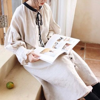 봄 가을 여성 긴팔 린넨 원피스 캐주얼 하이웨이스트 면 마 원피스 기질 벌룬 소매 미디 원피스 SYM
