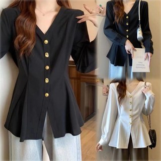 V領收腰顯瘦襯衫 - 大尺碼女裝通勤風氣質上衣