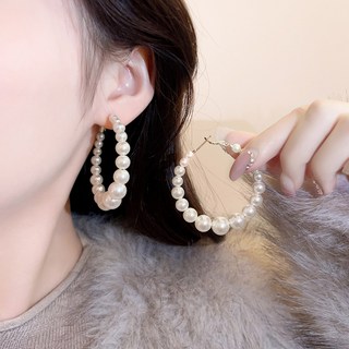 金色珍珠圈圈耳環 輕奢高級感氣質耳釘 適合方圓臉大耳圈秋冬耳飾 大小串珍珠圈圈5cm