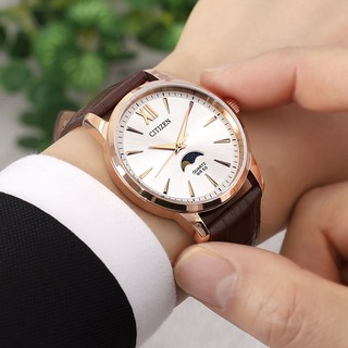 시티즌 문페이즈 클래식 라운드 캐쥬얼정장 5기압 방수 남자 가죽 아날로그 시계