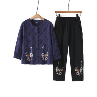 엄마 중년여성 면마 자수 두벌세트가을겨울 얇은 스타일 할머니 상의 | 초가을 노년여성