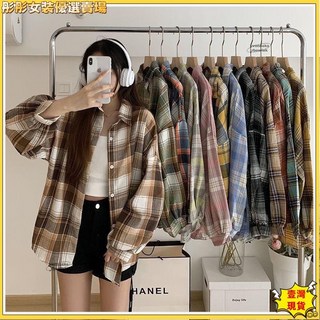 壹灣出貨女裝格子襯衫女複古港味春秋長袖中長款寬鬆韓版設計感襯衣襯衫