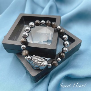 Sweet Heart 田芯開運精選 顆顆有眼5A黑銀曜 鈦赫茲 貔貅 招財避邪 避小人 獨家設計款手鍊(可調整手圍)