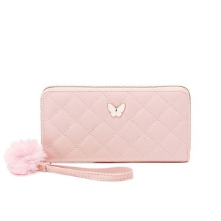 穎鋪 蝴蝶格紋長夾 女用手拿包 多卡位零錢包 粉色款