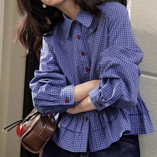 COSYEVNO 여성 체크 프릴 셔츠 봄 가을 긴팔 루즈핏 셔츠 LFHtwcs-8