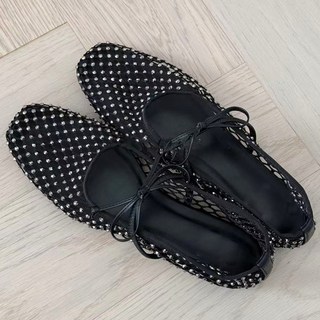 韓國小眾水鑽網紗蝴蝶結芭蕾舞平底鞋，舒適透氣淺口單鞋, 黑色,36, 36