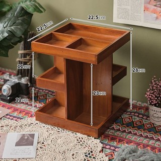 木質化妝品收納盒360度旋轉 桌面置物架 中式梳妝台收納櫃 多層分格設計, 1個