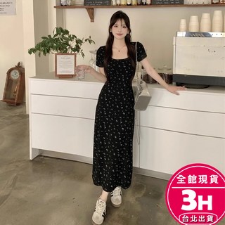 梨卡 隔日到貨 女裝 黑色碎花洋裝 性感包臀長裙 方領短袖洋裝 辣妹顯瘦裙子 GA2069【現貨24H】, 短款,M-現貨馬上出貨