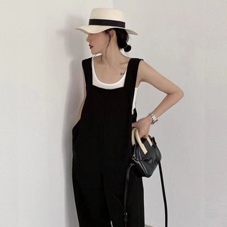 M-3XL 大尺碼吊帶褲 冰絲闊腿連身褲 夏季薄款寬鬆休閒長褲